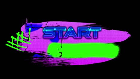 Animation-of-start-text-over-shapes-on-black-background