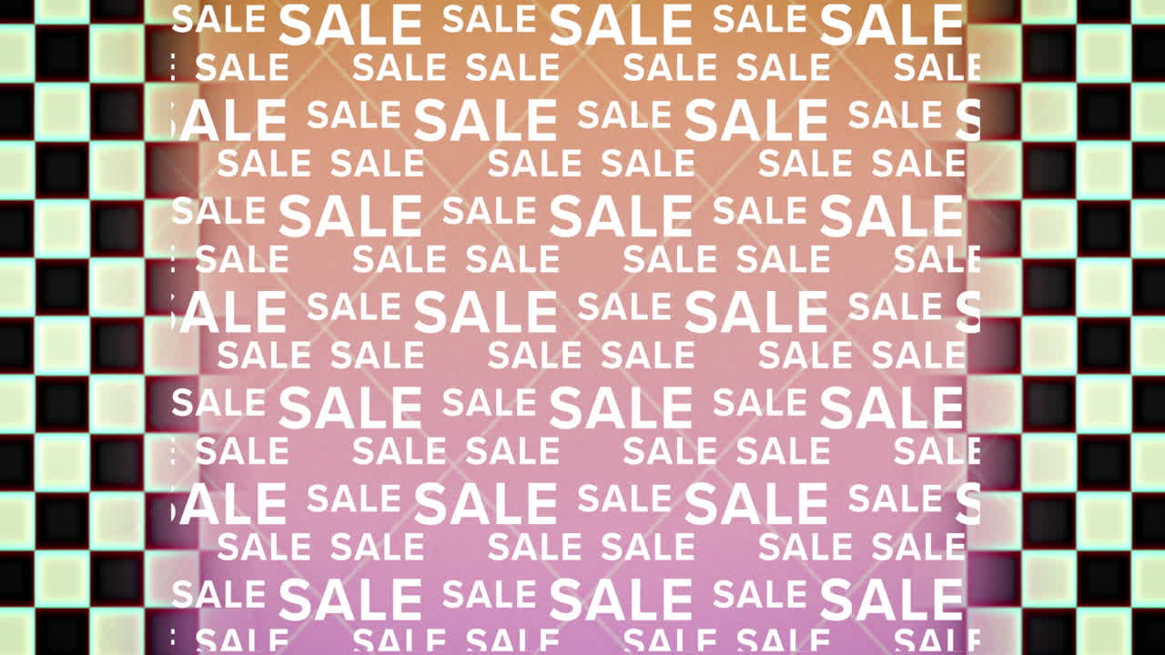 검은색과  ⁇ 색의 체크 라인과 함께 반복되는 판매 텍스트의 애니메이션