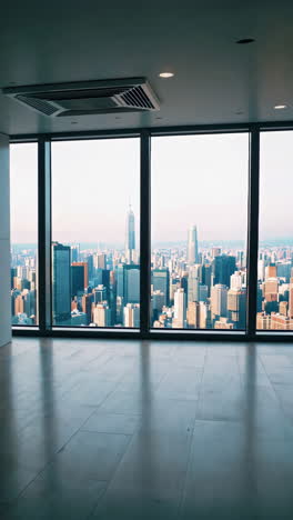 a person looking at a panoramic city skyline from a high-rise office