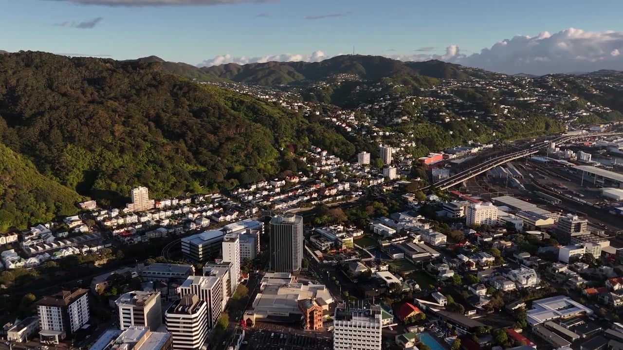 Toàn cảnh các tòa nhà, ngôi nhà và ngọn đồi của Thành phố Wellington từ trên cao lúc bình minh với bầu trời xanh.