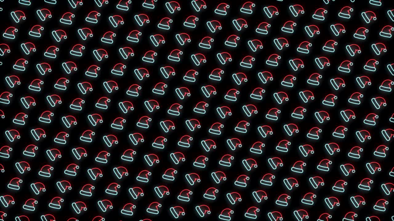 빨간색 흰색과 검은색 루핑 애니메이션에서 산타 모자의 네온 크리스마스 패턴 배경