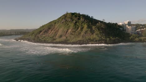 Aerial-views-over-Burleigh-Heads-on-the-Gold-Coast,-Australia-at-sunrise