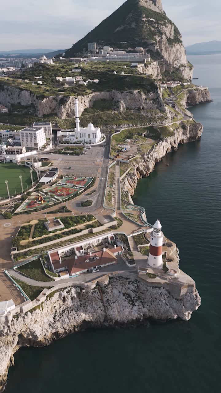 Aerial view of Europa Point in Gibraltar with lighthouse and mosque