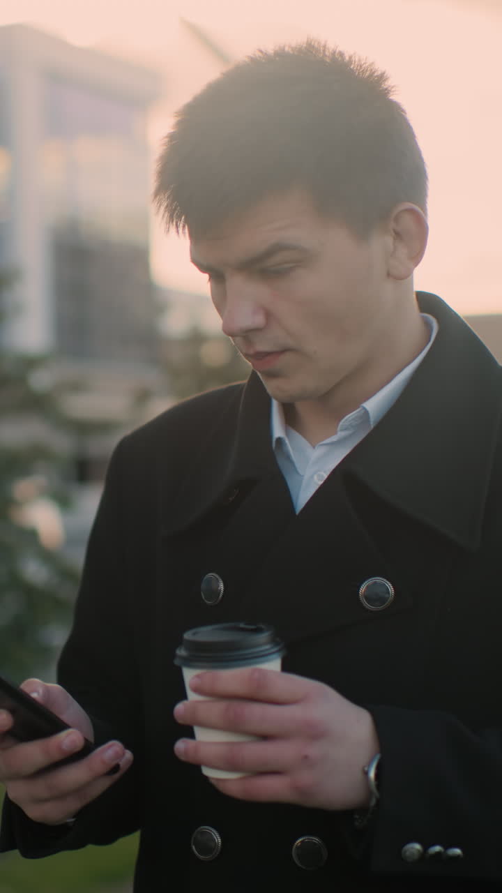 야외에서 커피를 마시고 도시 환경에서 휴대전화에 집중하고 녹색, 주차된 자동차, 움직이는 자동차, 그리고 배경에서 흐릿하게 는 사람들을 특징으로합니다.