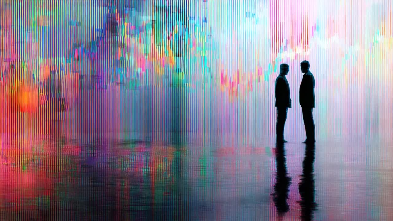 Two figures stand silhouetted against a vibrant, abstract background of colorful vertical lines, creating an intriguing visual contrast with their reflections on a smooth surface