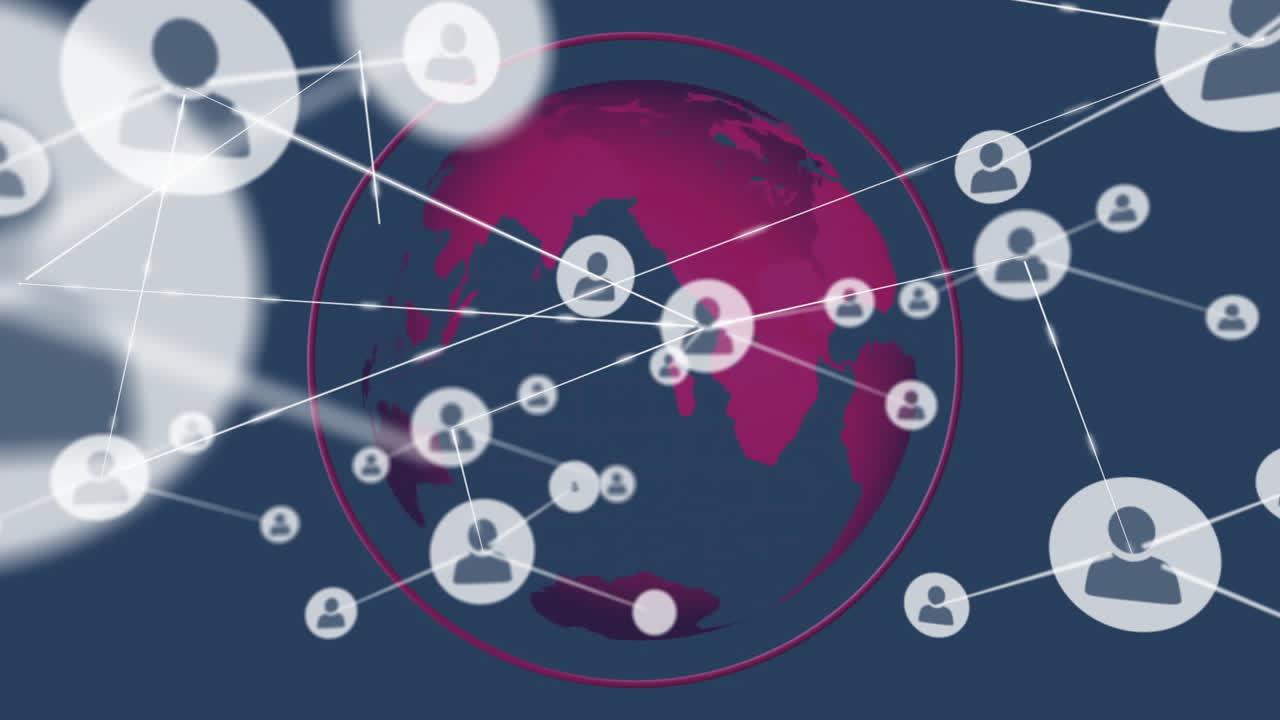 검은 바탕에 전 세계에 있는 아이콘으로 연결된 네트워크의 애니메이션