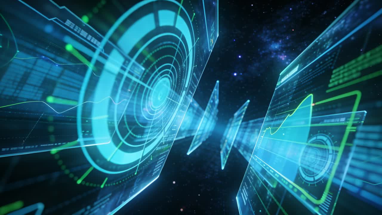 Kamera bevæger sig gennem rumkorridor, afslører holopaneler med radar-HUD'er, der viser data
