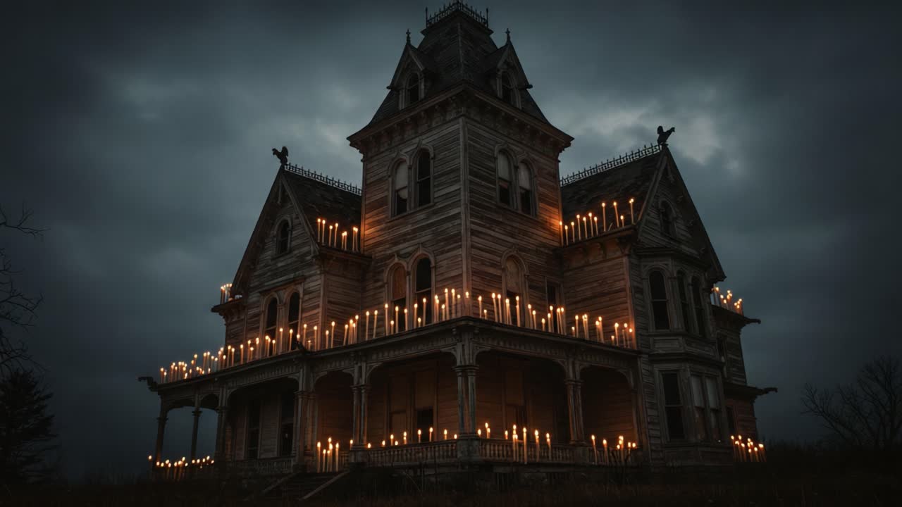 Una villa abbandonata inquietantemente bella illuminata da candele sotto un cielo drammatico, che evoca un senso di mistero e intrigo nelle ore crepuscolari del tramonto.