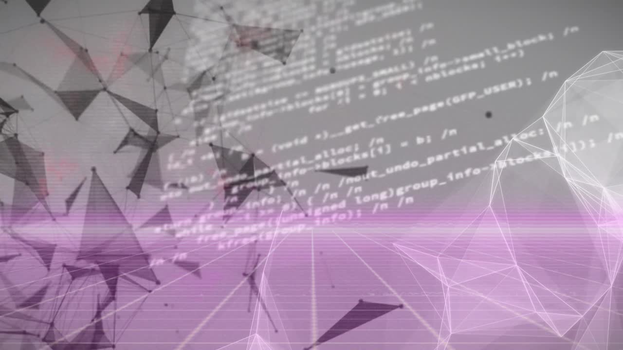 회색 배경에 대한 보라색 그리드 네트워크를 통해 데이터 처리 및 플렉서스 네트워크의 애니메이션