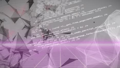 animación de procesamiento de datos y redes de plexus sobre una red de cuadrícula púrpura contra un fondo gris