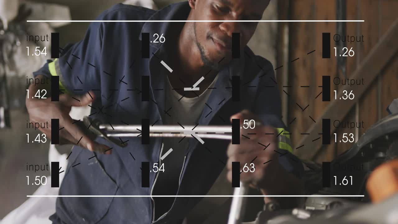 Mechanic placing tool on bolt and aligning motorcycle handlebar to secure fit animated bolt labels