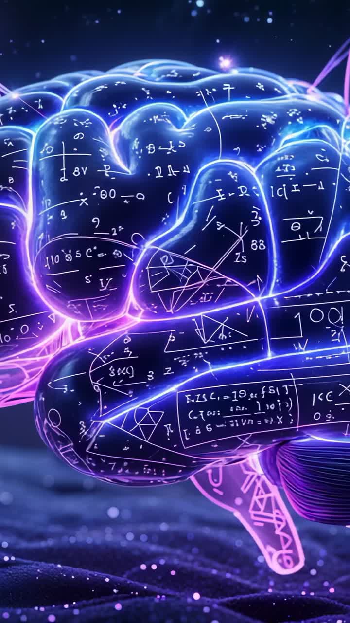 Vertical video: pulsing neon brain tracing equations on lobes with drifting particles in space