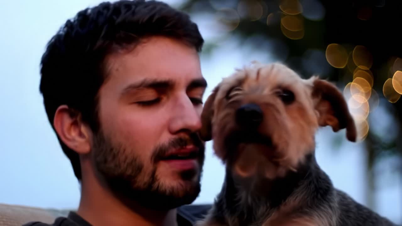 A Heartwarming Moment Between a Man and His Beloved Dog Captured in a Serene Environment Filled with Bokeh Lights, Highlighting Their Bond and Connection