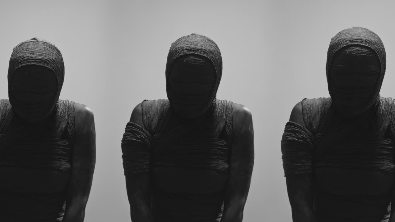 Mummies on a white backdrop slowly lower their heads