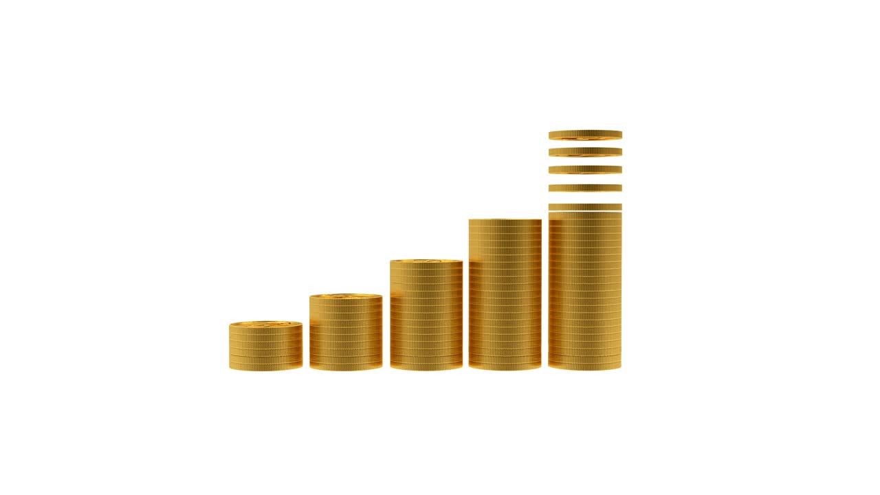 Animasi 3D koin dolar emas berjatuhan yang tertumpuk dalam tumpukan, grafik di atas putih. 4K