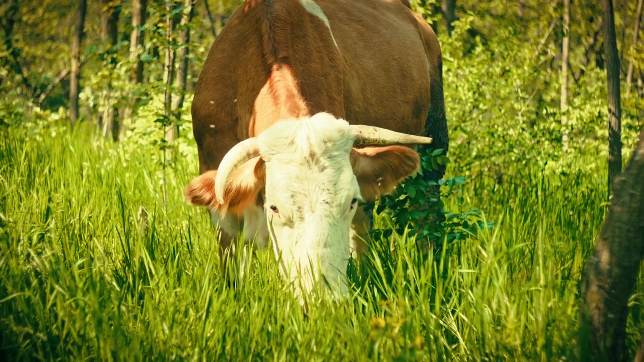Filmato autentico di una mandria di bovini che vaga e pascola in una fitta foresta. Scena rurale di vita reale che mostra la gestione del bestiame e le pratiche di pascolo brado.