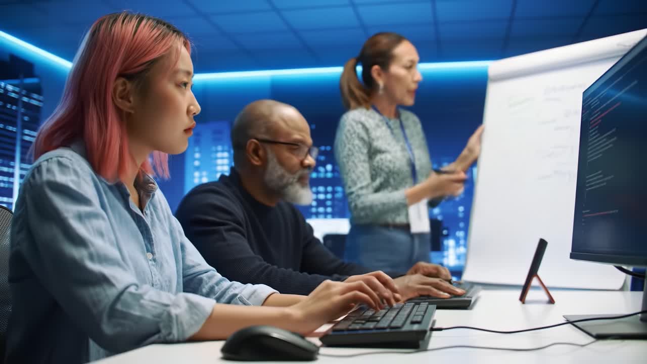 Collaborative Teamwork in a Modern Workspace: A Focused Session on Technology Development with Engaged Participants Working on Computers and Delivering Presentations