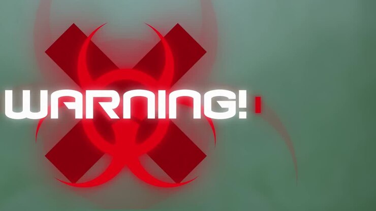 Animation of red biohazard symbol and warning text on green background