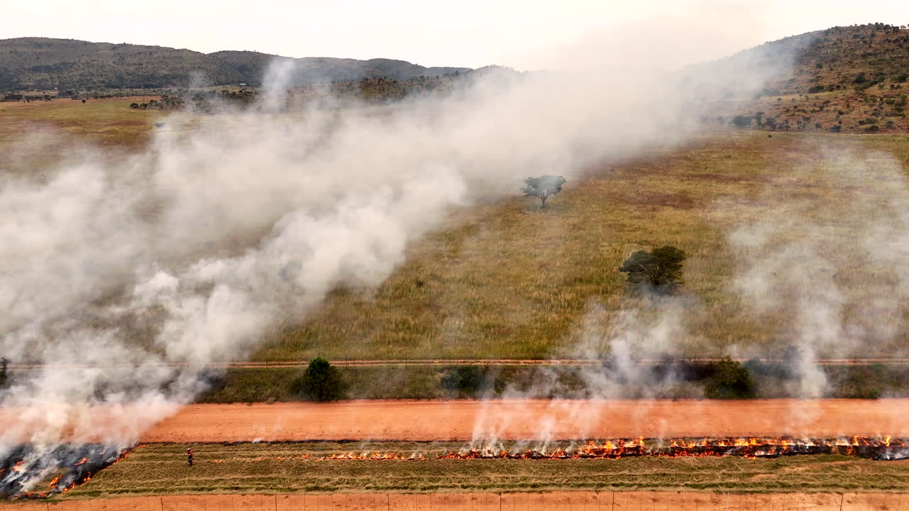 Worker ignites vegetation with drip torch creating fuel break, Waterberg. Aerial