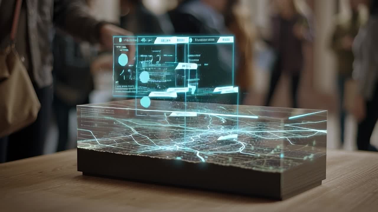 Esplorando un display olografico futuristico di mappe in uno spazio pubblico affollato
