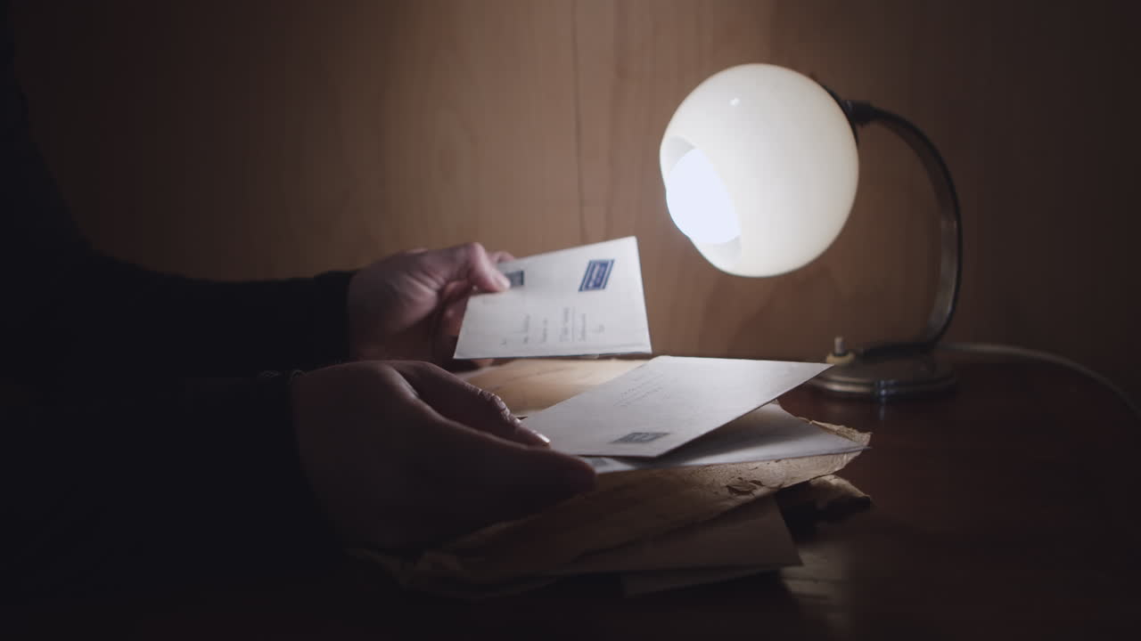 A person walks through a pile of letters and correspondence illuminated by a small lamp
