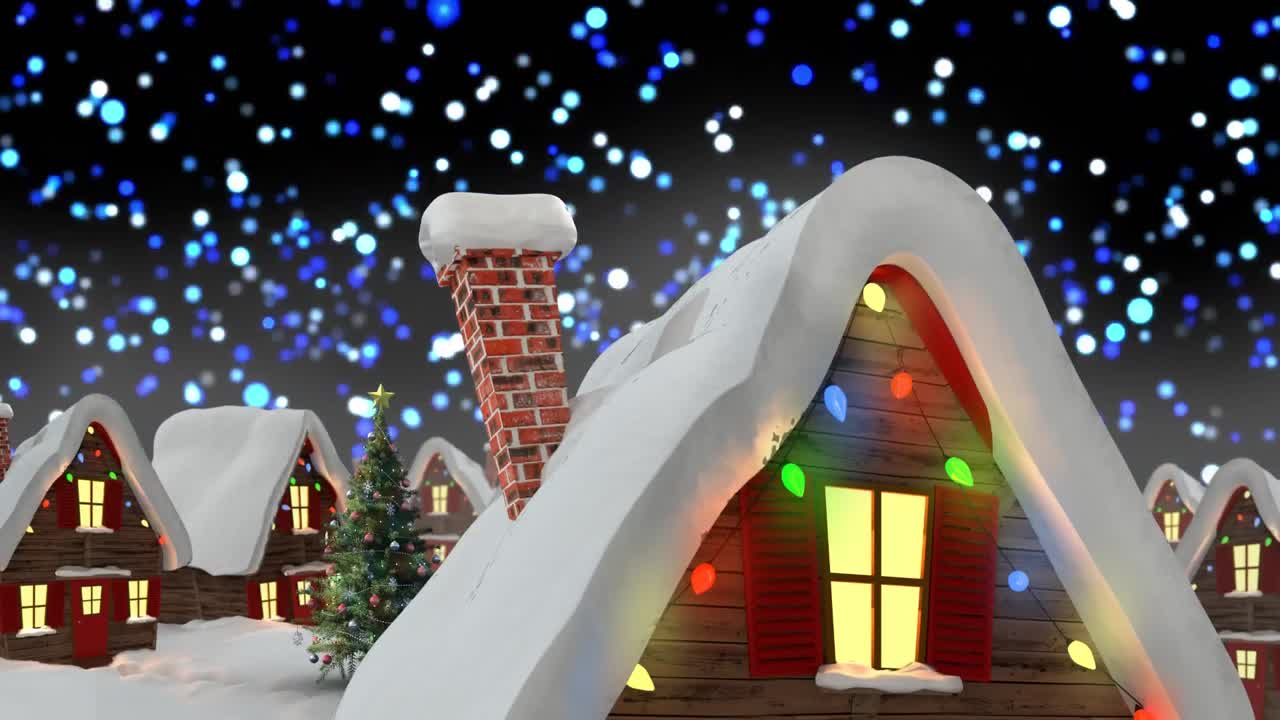 별이 떨어지는 다채로운 불빛이 요정의 불빛으로 집 위에 떨어지는 애니메이션