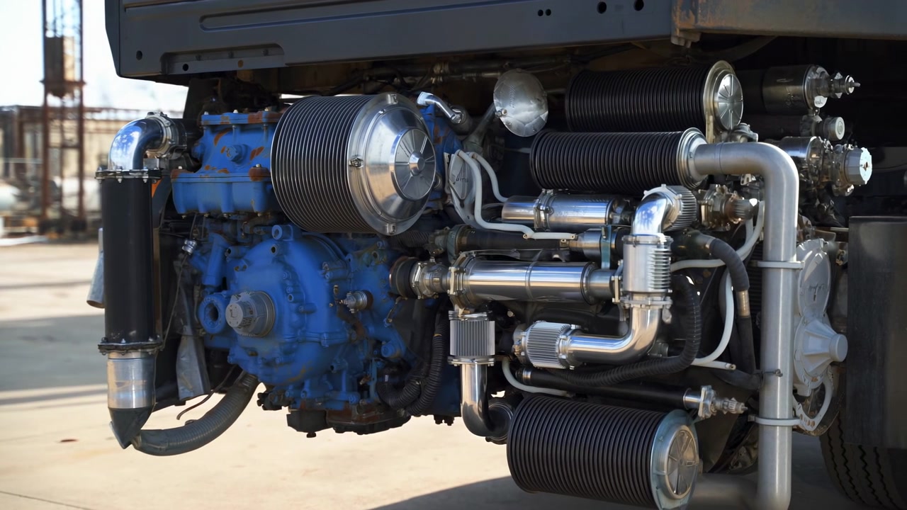 Close-up view shows stationary engine assembly with blue cast housing, reflective tubing, flexible hoses, cylindrical filters, and layered mechanical parts in daylight.