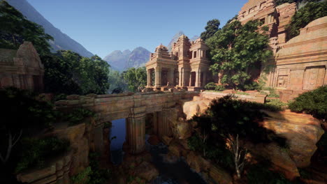 ancient temple ruins amidst jungle vegetation at dusk