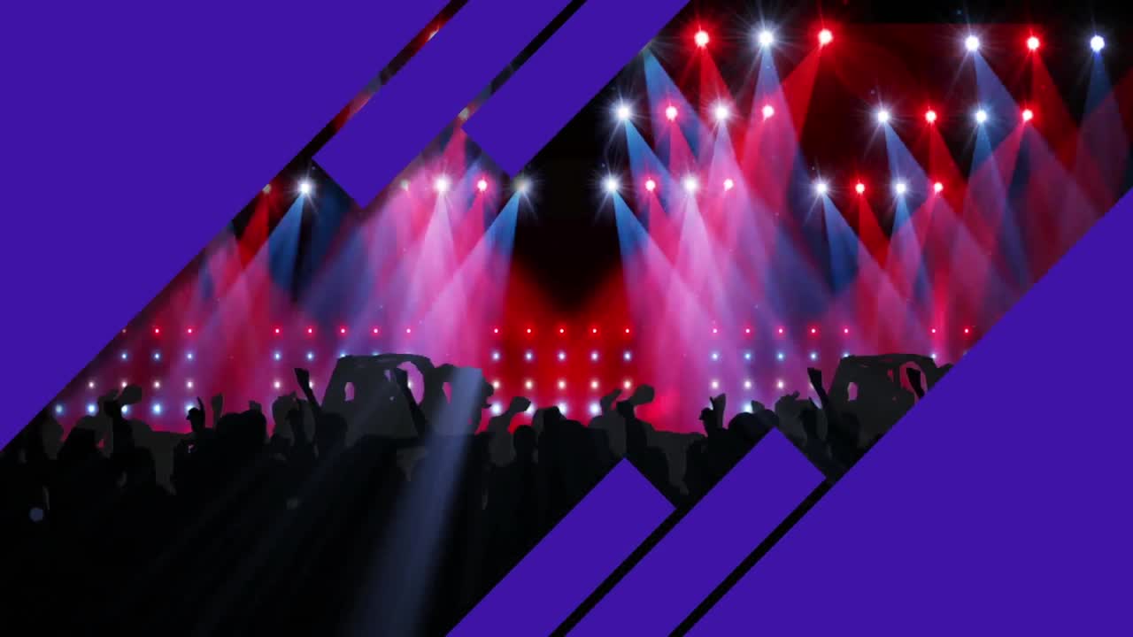 스포트라이트와 그래픽 음악 이 ⁇ 라이저로 춤추는 사람들의 실루 ⁇ 의 애니메이션