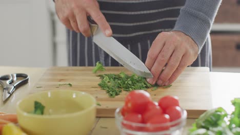 sección media de un hombre caucásico de pie en la cocina, cocinando la cena, cortando albahaca