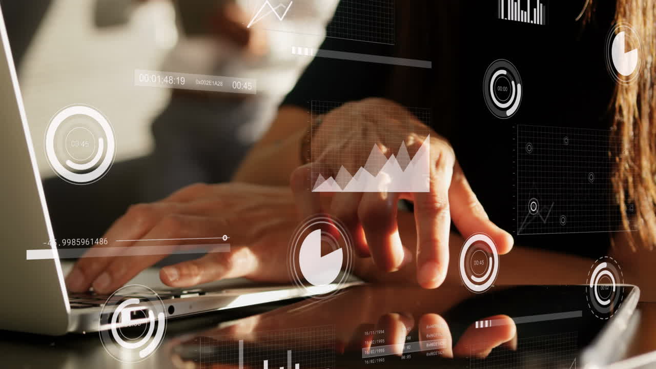 Animation of financial data processing over businesswomen using laptop