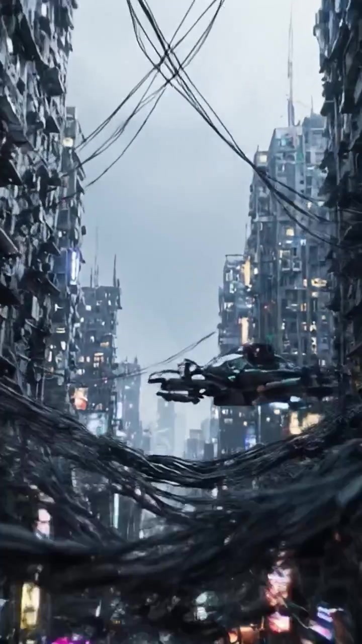 A Dystopian Cityscape: An Overhead View of a Dark, Neon-Lit Urban Environment with Tangled Wires and Abandoned Streets, Evoking a Sense of Isolation and Decay