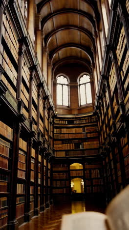 person reading an old book in a grand library