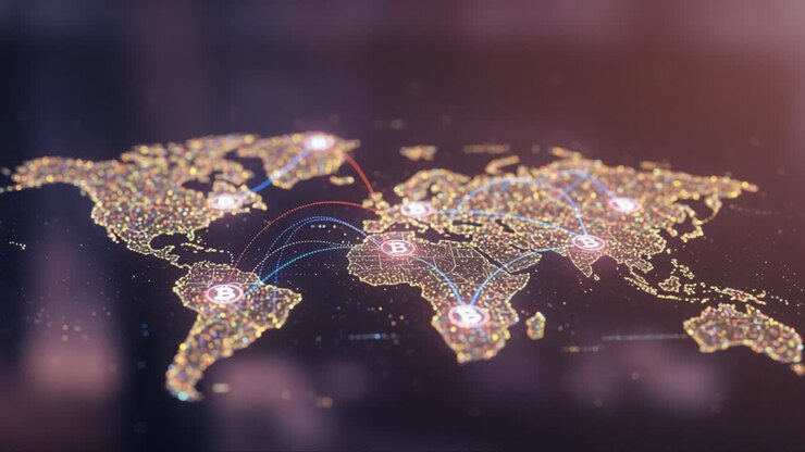 Global Connectivity: A Visual Representation of Bitcoin Transactions Illustrating Blockchain Networks Across Continents