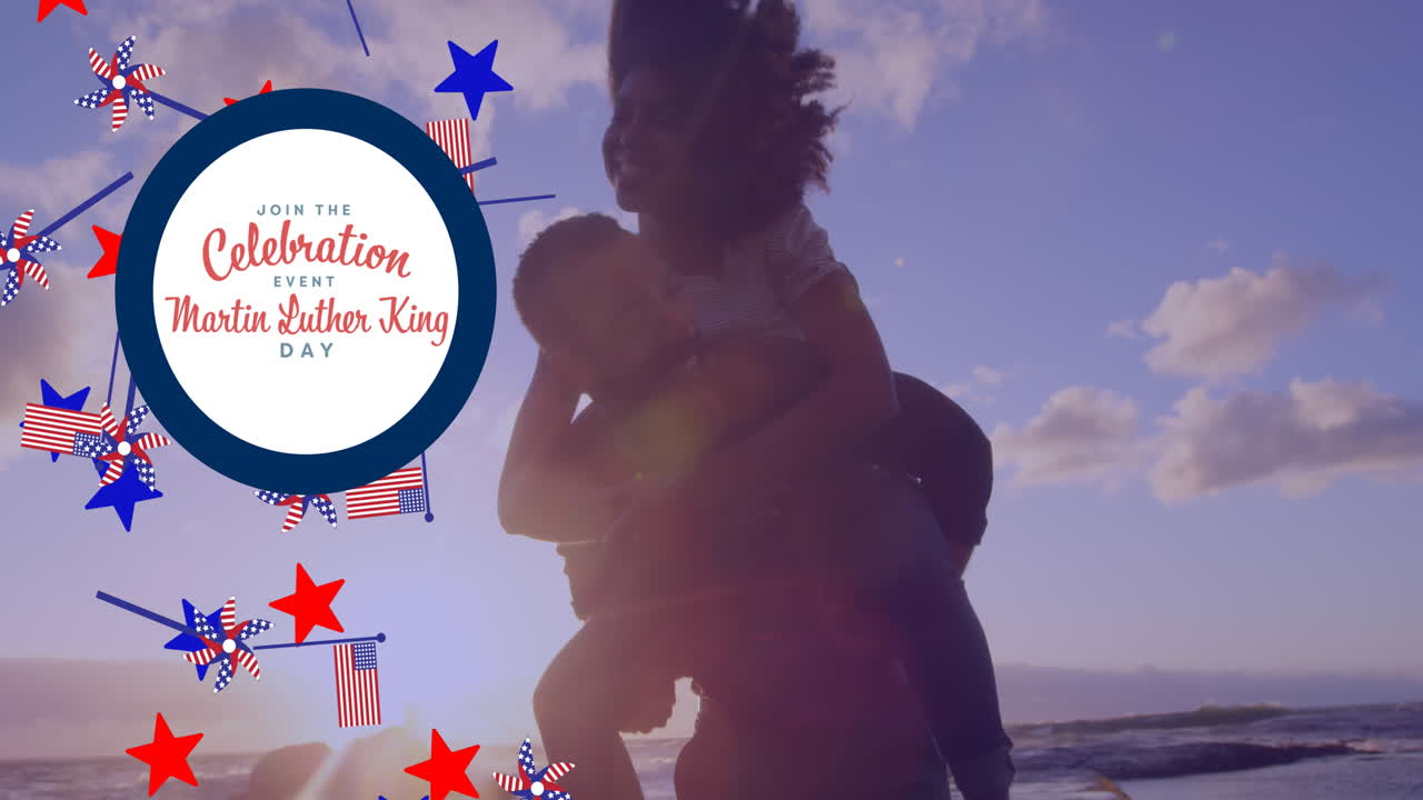 martin luther king jr. texto de día contra el hombre afroamericano dando un paseo de cerdo de vuelta a su esposa