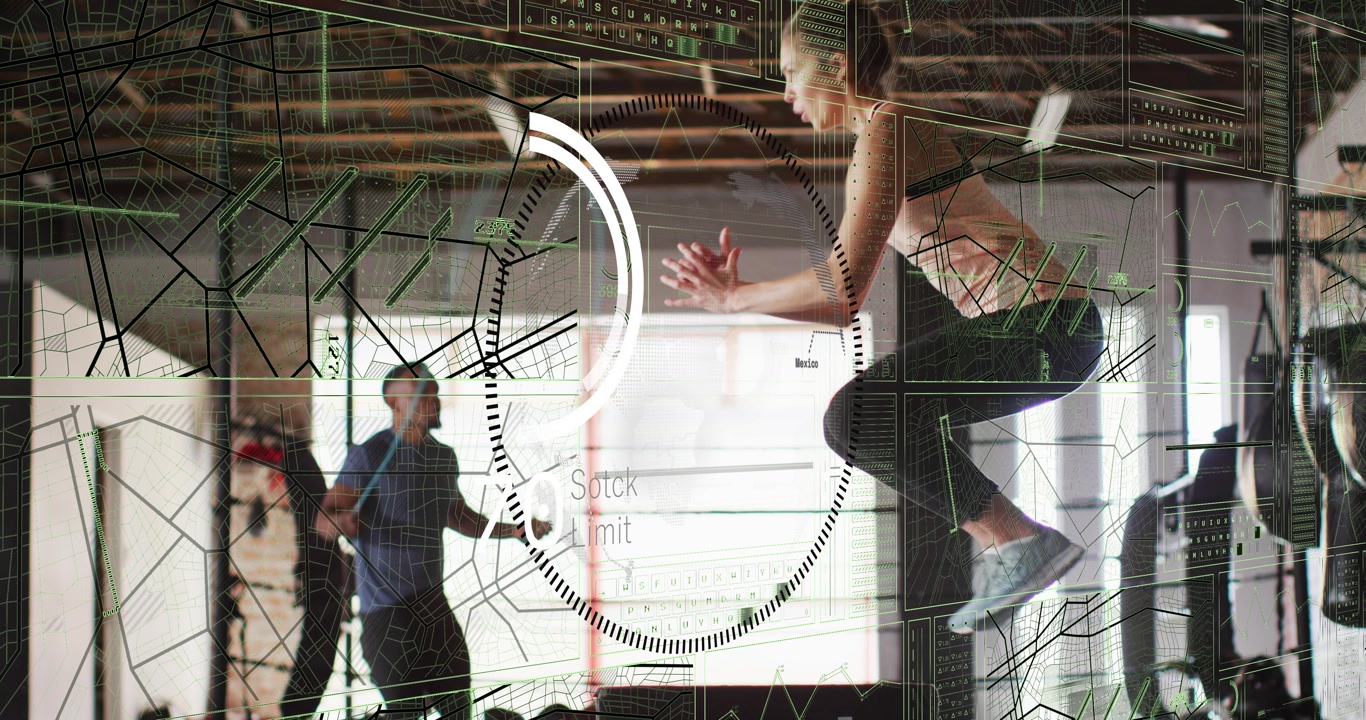 Male starting skipping rope, HUD appearing, tracking reps while female jumping box for fitness