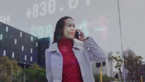 animation of stock market data processing over asian woman talking on smartphone on the street