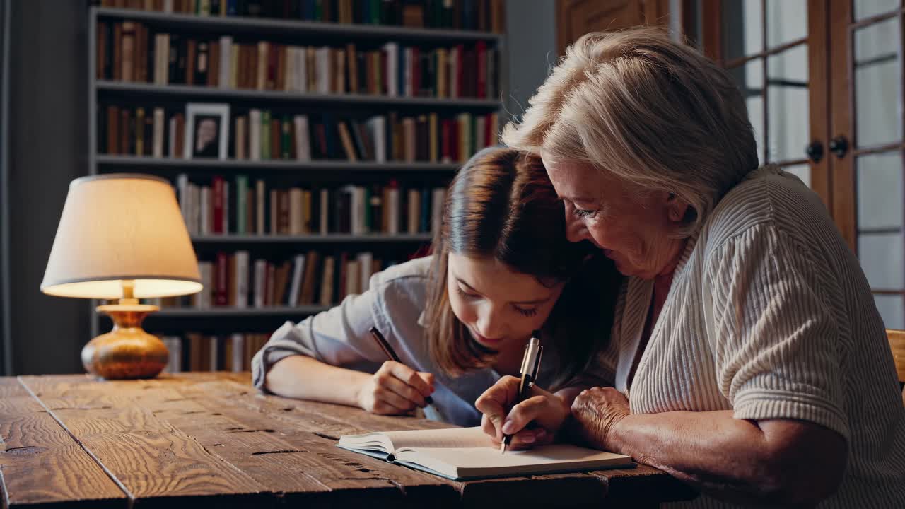 A warm, intimate video scene shows a grandmother and granddaughter writing together at a wooden