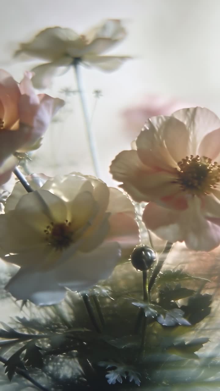 Video verticale: Telecamera che si allontana mostrando fiori rosa pallido che ondeggiano in studio, rivelando i dettagli degli stami.