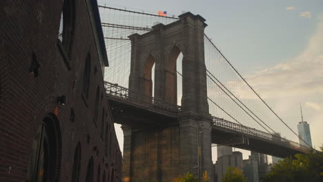 gimbal shot of the brooklyn bridge at golden hour