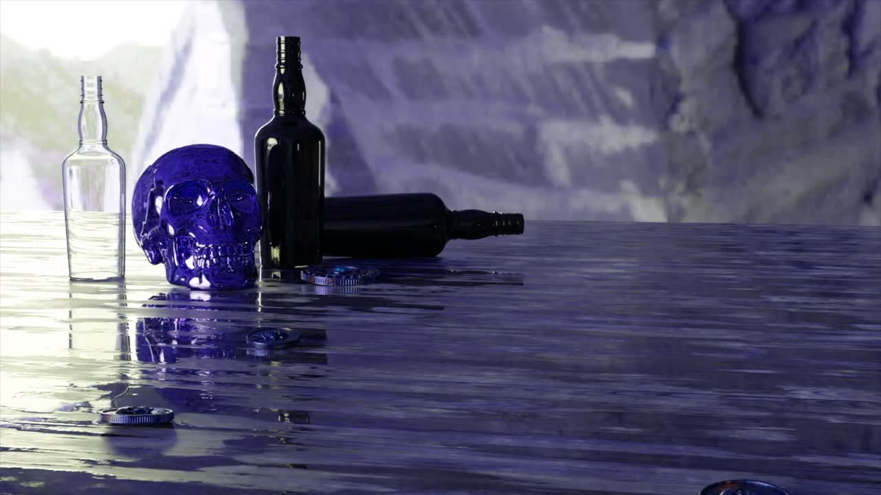Bodegón con calavera y botellas