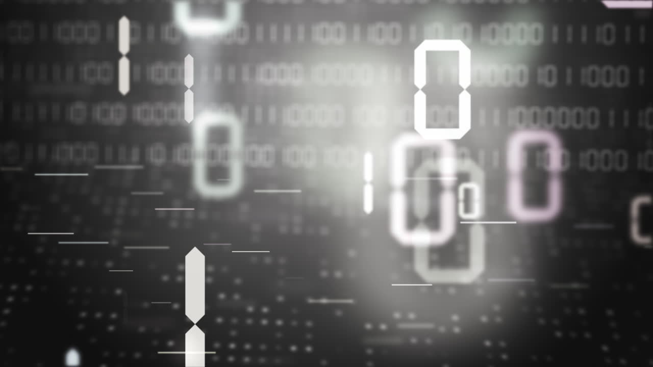 Chaotic movement white digital electronic symbols of zeros and ones. Binary code on dark grey background with flashing dots. Looped motion graphics.
