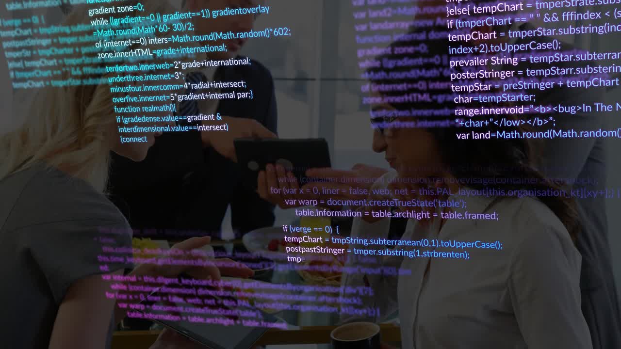 Suited colleague offering phone sparking code as tech team exchanging devices while reviewing code