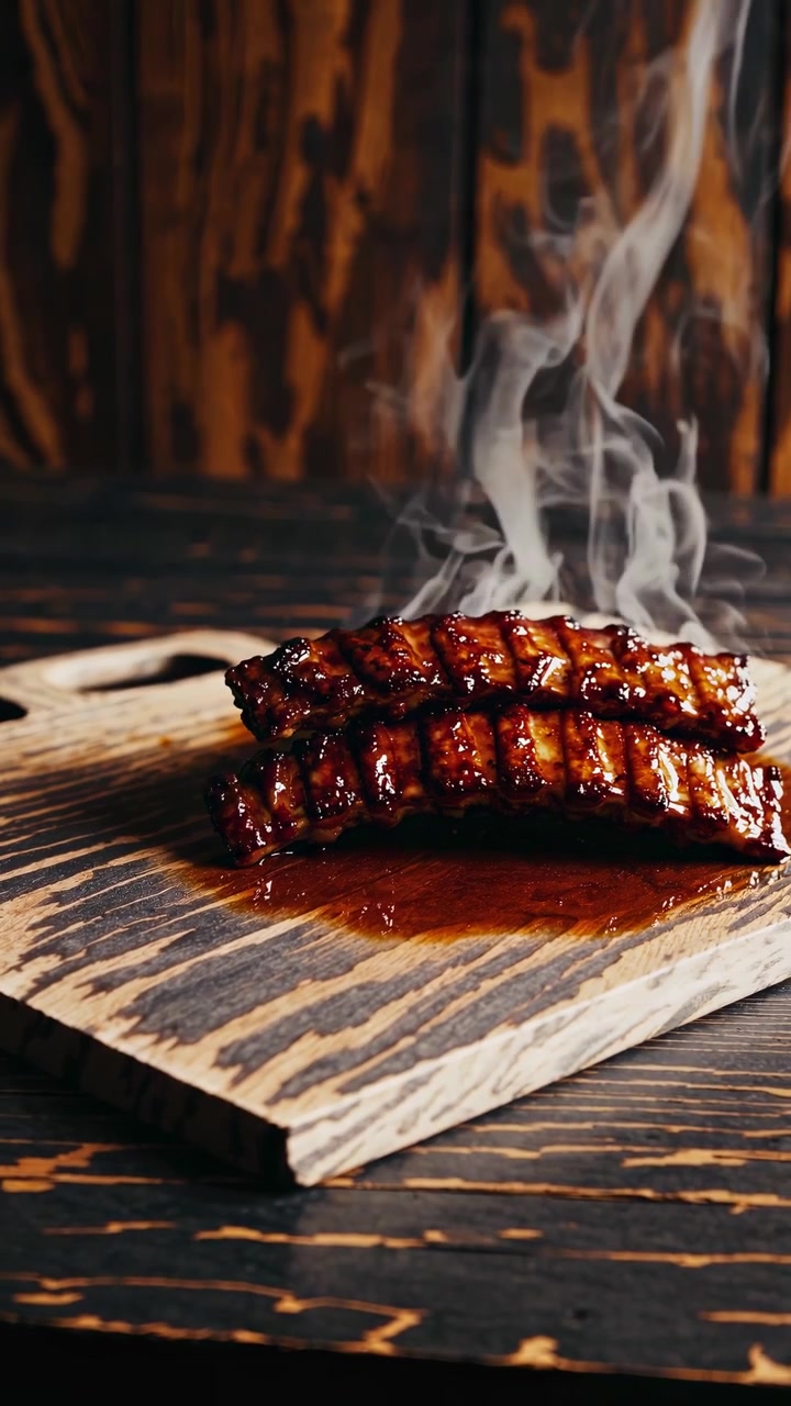 Costine barbecue fumanti su un tagliere di legno