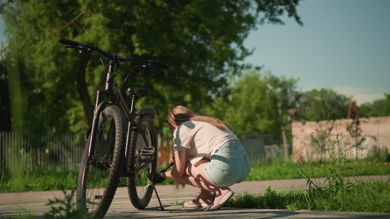 초록색 노즐을 가진 자전거 타이어에 공기를 프하는 젊은 성인, 날카로운 초점에 자전거, 울타리, 나무 및 빛 야외 설정의 흐릿한 배경