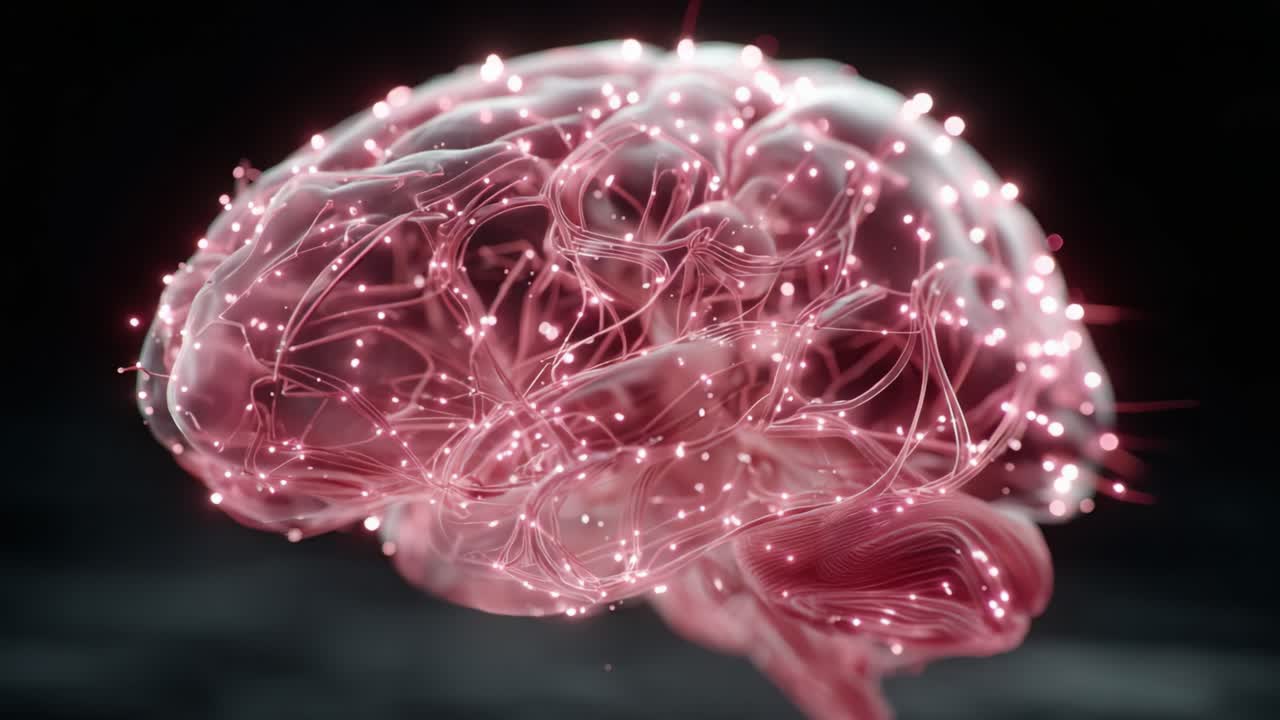 An Intricate Visualization of a Brain: A Stunning Display of Neural Connectivity and Enigmatic Patterns in a Fluid, Luminescent Red Medium