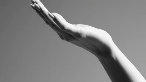 black and white image of an open hand reaching upwards