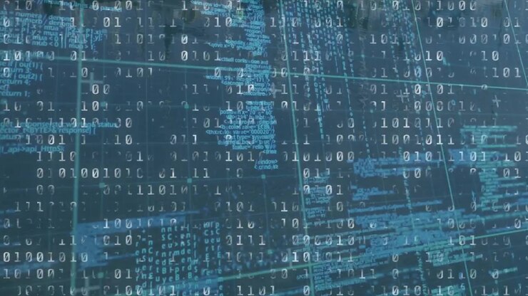 Animation of data processing over dark background