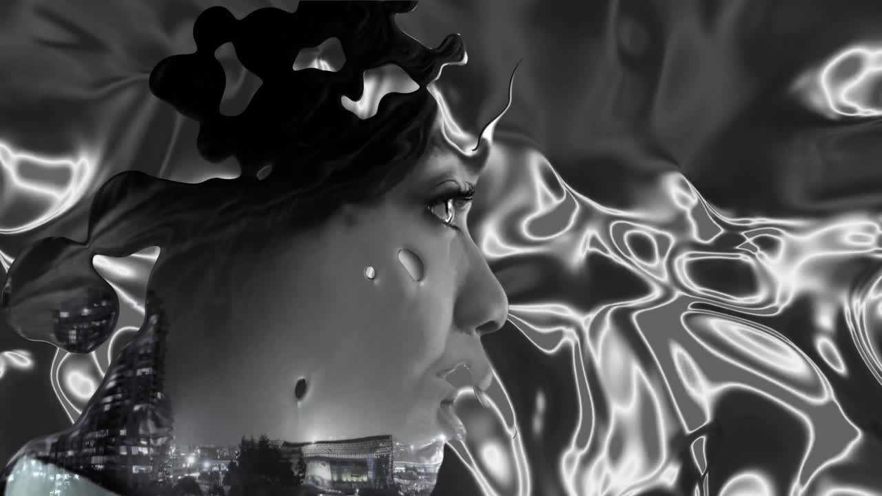 анимация женщины на текучем фоне и городском пейзаже