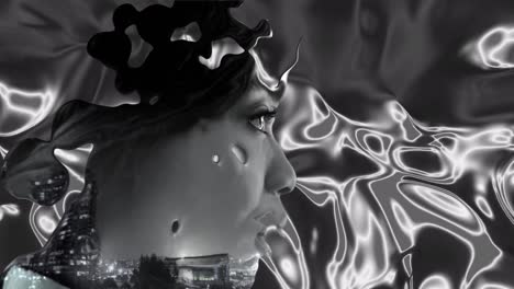 animación de una mujer sobre un fondo fluido y un paisaje urbano